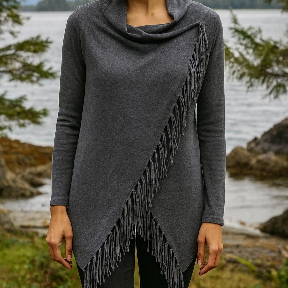 Elegant Denim Blue Women's Sweater with Fringe Detail